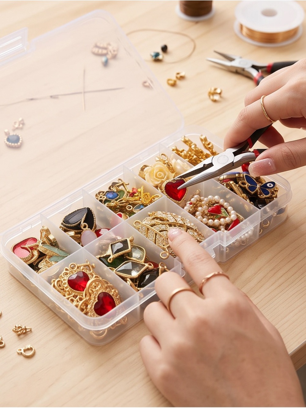 Gold-Tone Red Heart Gem Hair Charms for Women